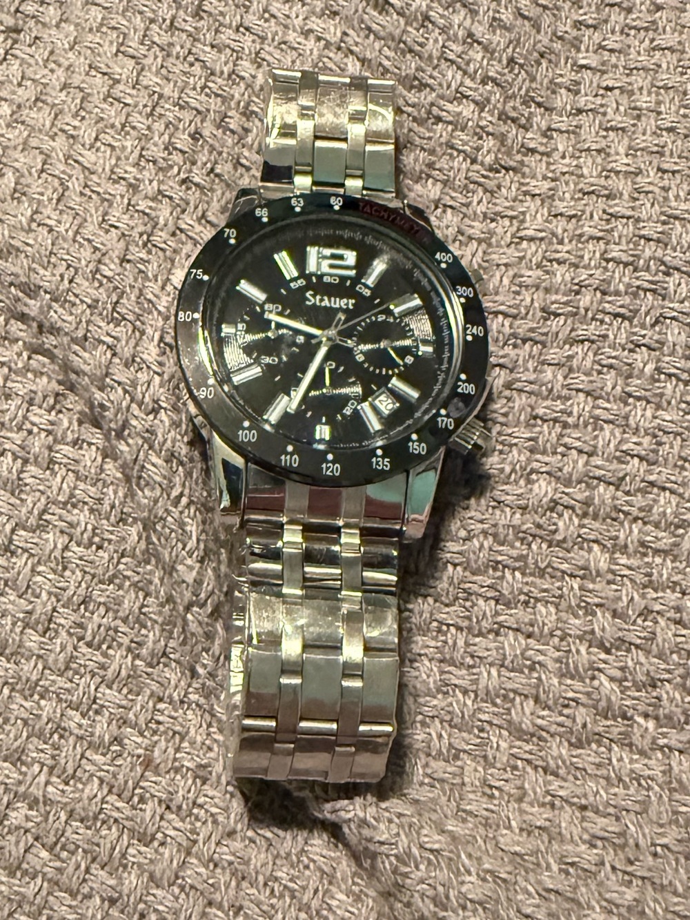 Stauer Men's Silver Stainless Steel Chronograph Watch with Black Dial